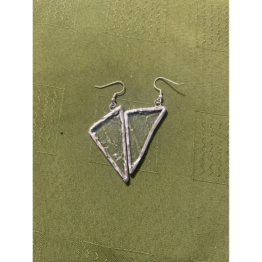 Handmade Stained Glass Triangle Geometric Drop Earrings Clear Silver Tone Trim